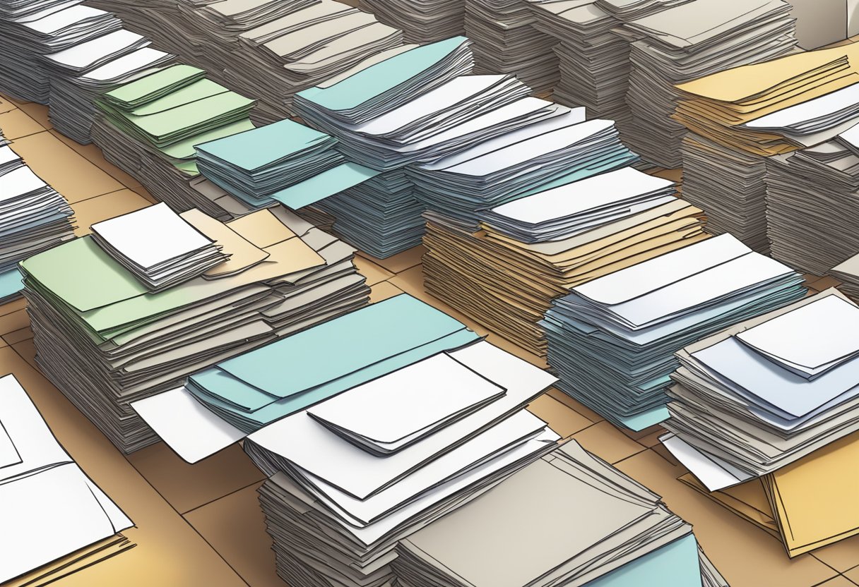 A stack of envelopes being sorted into different piles on a desk