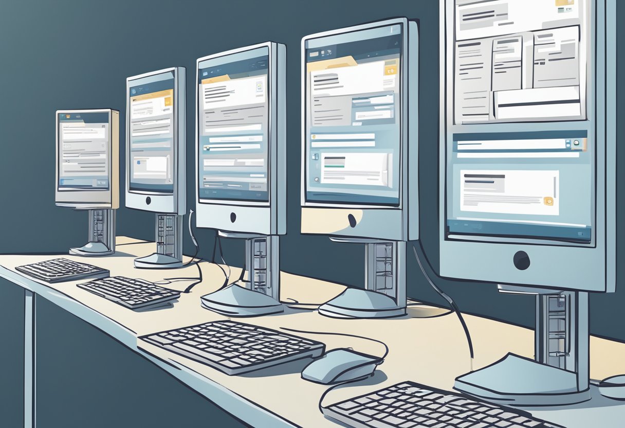 A row of computer screens displaying direct mail automation software in action, with data being processed and emails being sent out