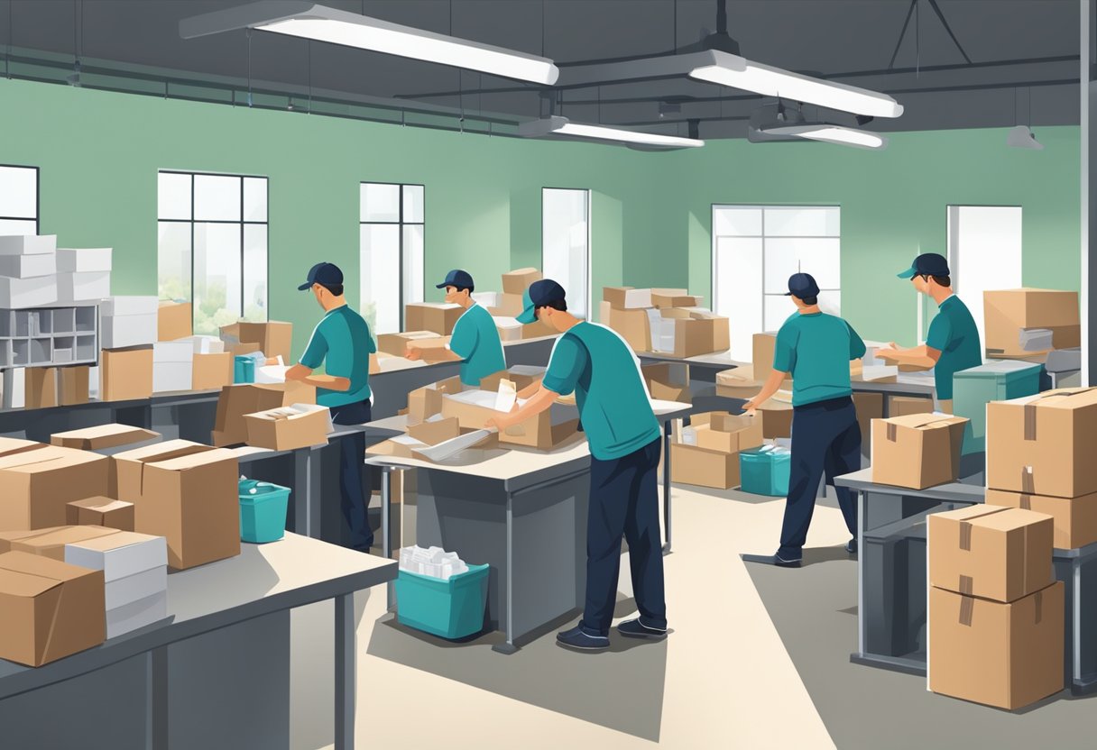 A busy mailing house with workers sorting and packaging mail for delivery