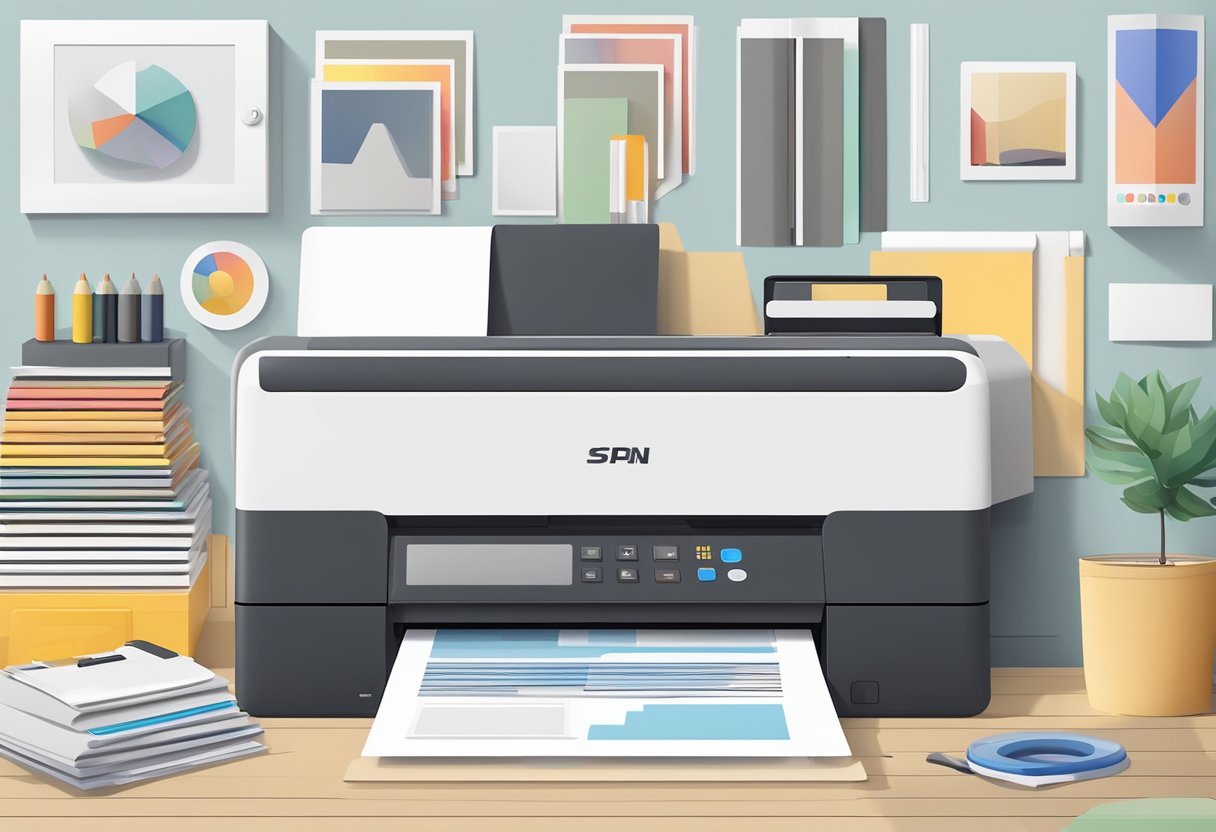 A printer with a variety of paper sizes and colors, surrounded by design software and printing materials