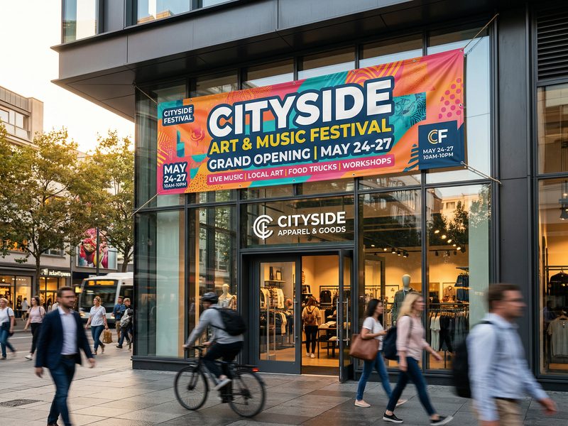 Custom vinyl banner with colorful graphics hanging on a storefront building