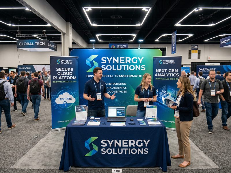 Complete trade show booth setup with backdrop banners and branded table