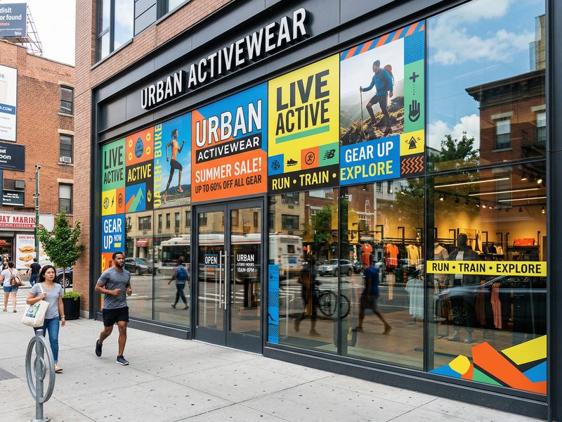 Full-color vinyl window graphics covering a retail storefront