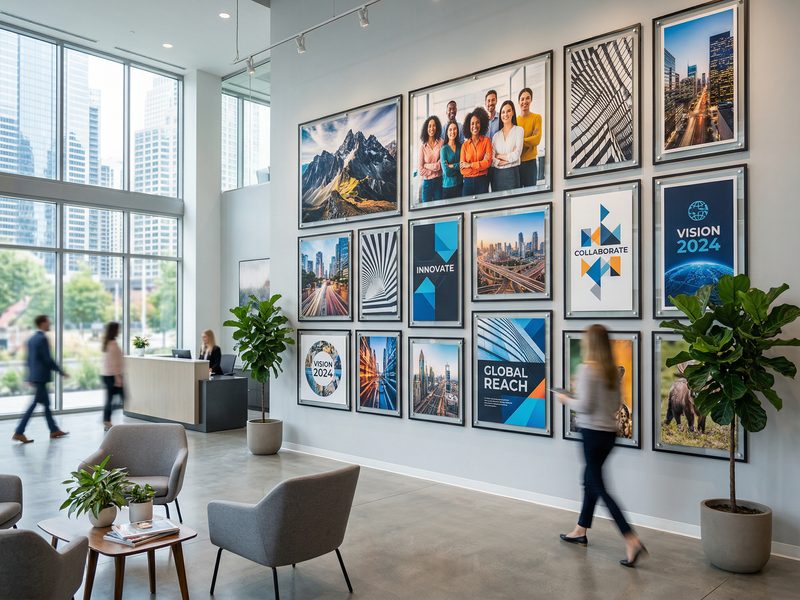 Large format mounted posters and prints displayed on a corporate office wall