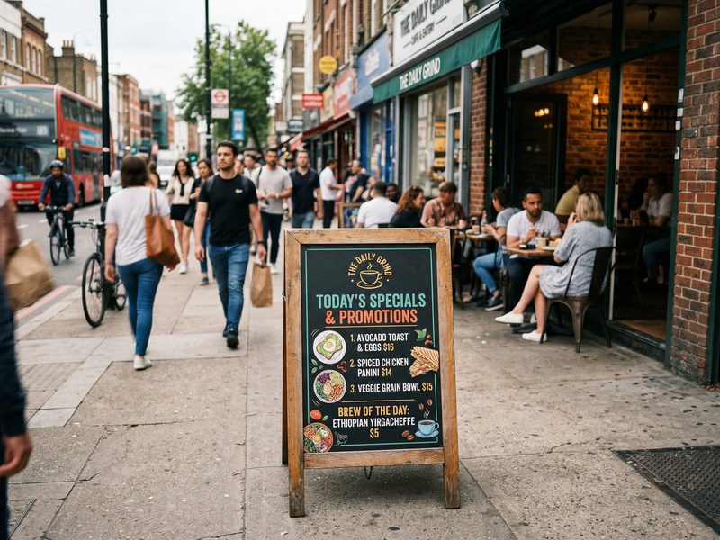 A-frame sandwich board sign on a sidewalk outside a cafe