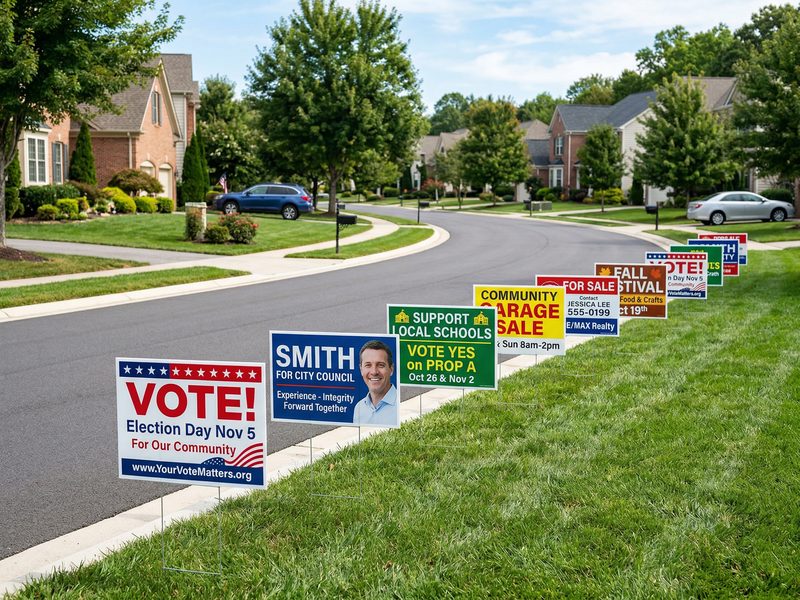 Corrugated plastic yard signs with wire stakes installed in a suburban lawn