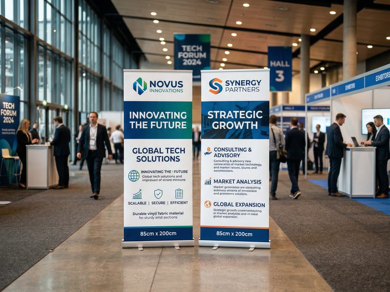 Retractable pull-up banner stands at a trade show convention