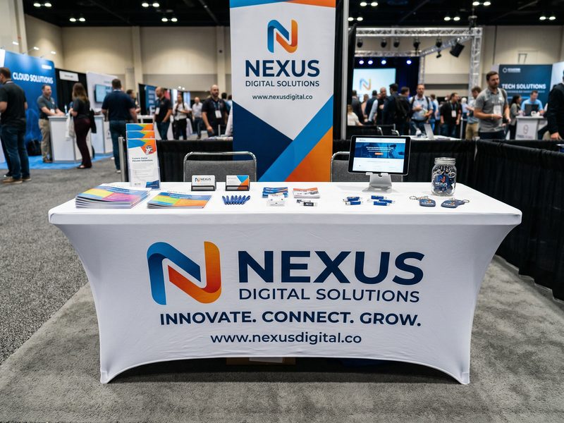 Custom branded table throw at a trade show booth with retractable stand